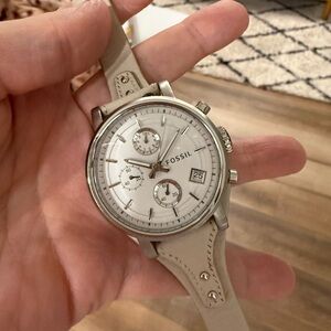Fossil Men's Silver Case Cream Leather Chronograph Watch